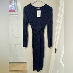 NWT Navy Ribbed Long Sleeve Cutout Midi Dress